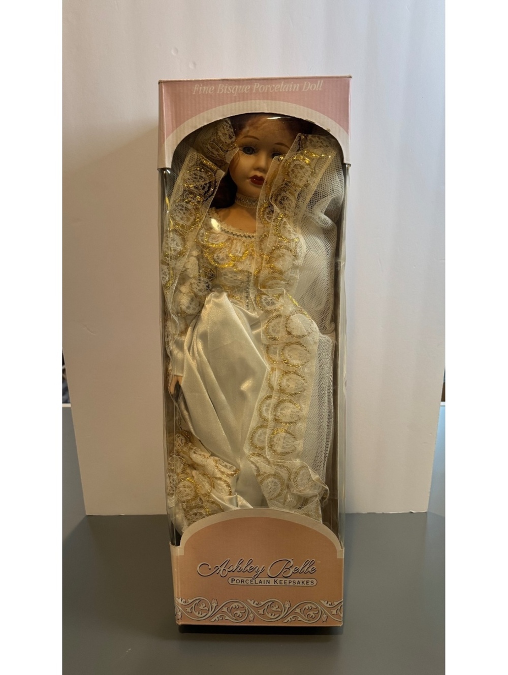 Ashley Belle Porcelain Keepsake Doll in White and Gold Lace Dress